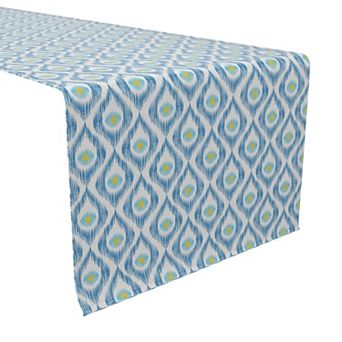 Table Runner, 100% Cotton, 16x90", Ikat Blue Background