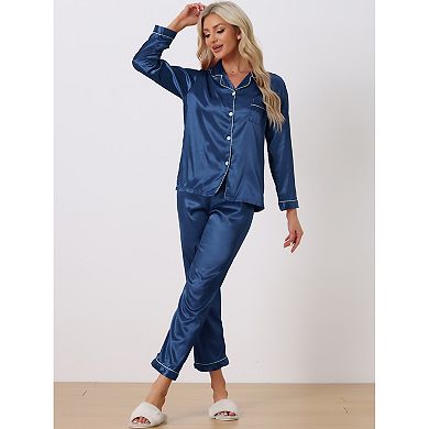 Women's Pajama Loungewear Long Sleeves Tops And Pants Satin Sets