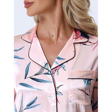 Women's Pajama Set Soft Satin Silky Floral Printed Button Down Shirt And Pants Sleepwear 2pcs