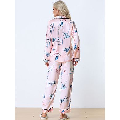 Women's Pajama Set Soft Satin Silky Floral Printed Button Down Shirt And Pants Sleepwear 2pcs