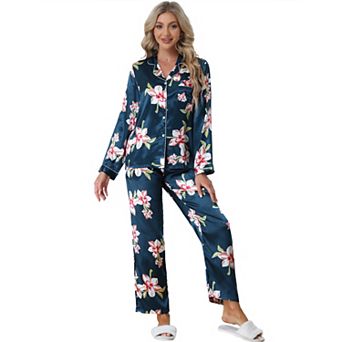 Women's Pajama Set Soft Satin Silky Floral Printed Button Down Shirt And Pants Sleepwear 2 pc