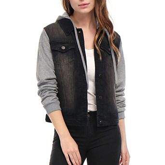 Women's Denim Jacket Button Down Long Sleeve Drawstring Hood Jean Jackets
