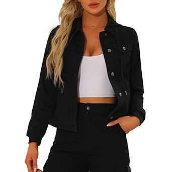 Women's Denim Jacket Button Down Long Sleeve Drawstring Hood Jean Jackets