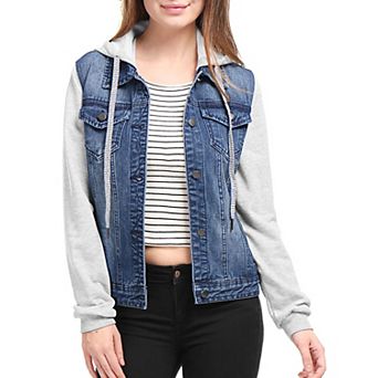 Women's Denim Jacket Button Down Long Sleeve Drawstring Hood Jean Jackets