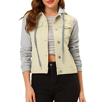 Women's Denim Jacket Button Down Long Sleeve Drawstring Hood Jean Jackets
