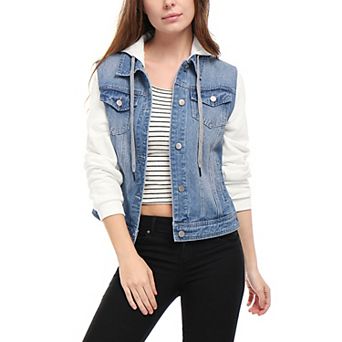 Women's Denim Jacket Button Down Long Sleeve Drawstring Hood Jean Jackets