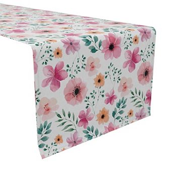 Table Runner, 100% Cotton, 16x108", Blossoms of Watercolor Flowers