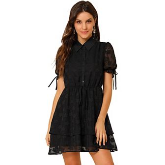 Women's Collar Short Sleeve Drawstring Layered Dress