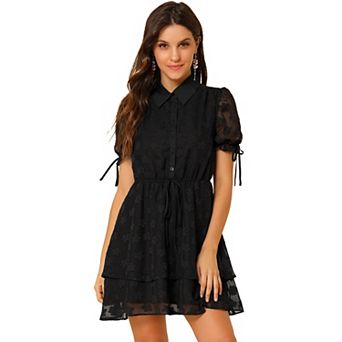 Women's Collar Short Sleeve Drawstring Layered Dress