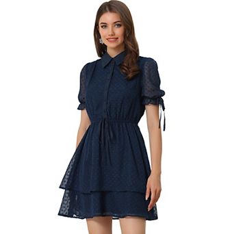 Women's Collar Short Sleeve Drawstring Layered Dress