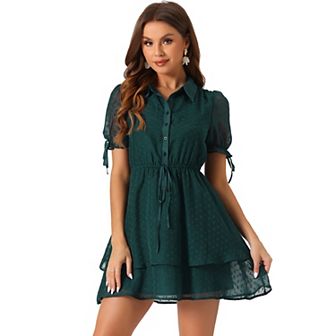 Women's Collar Short Sleeve Drawstring Layered Dress