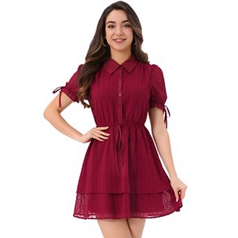 Women's Collar Short Sleeve Drawstring Layered Dress