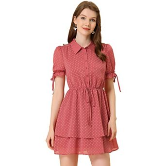 Women's Collar Short Sleeve Drawstring Layered Dress