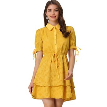 Women's Collar Short Sleeve Drawstring Layered Dress