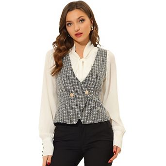 Women's Plaid Double Breasted Sleeveless Tweed Vest Waistcoat