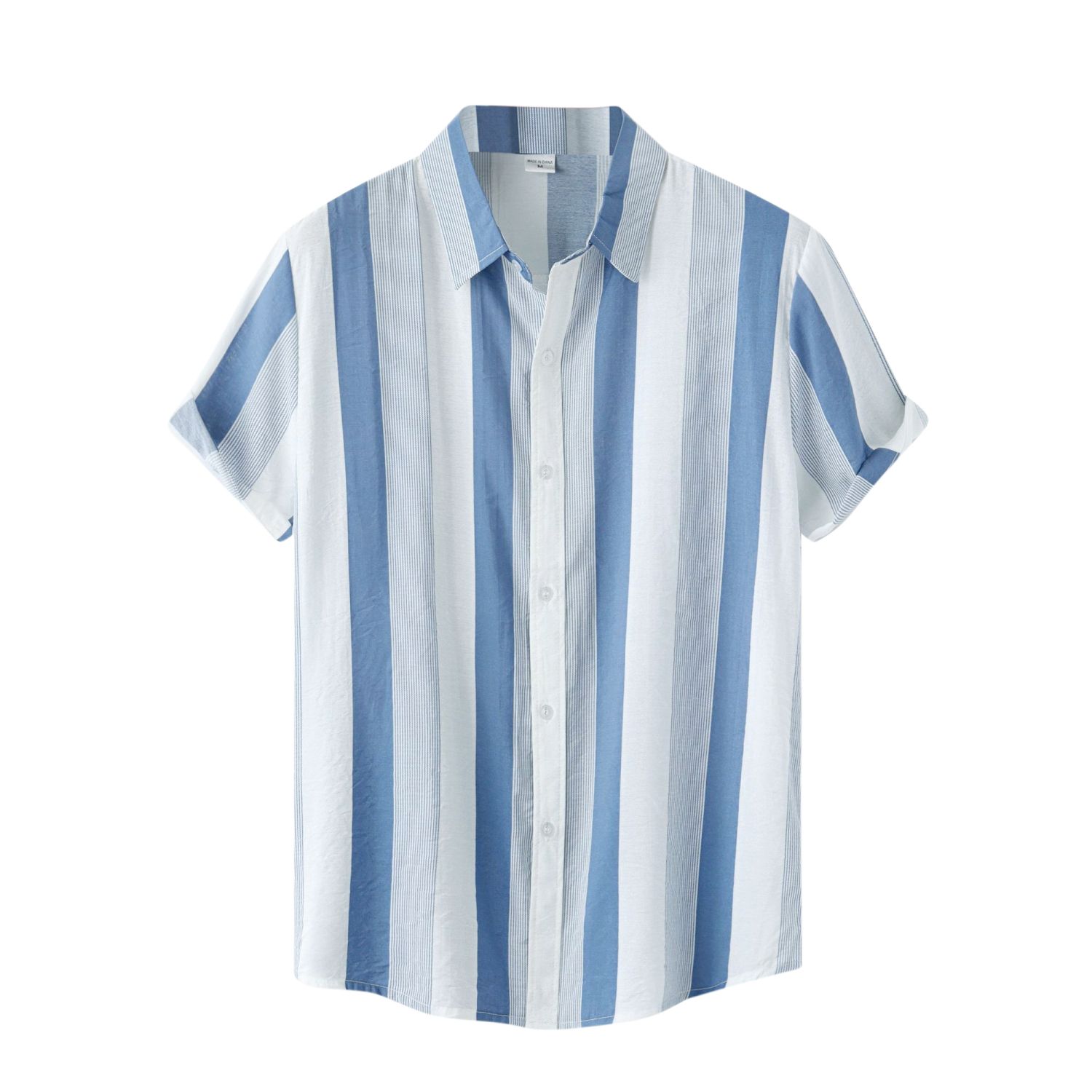 Men's Button Down Point Collar Short Sleeve Vertical Striped Shirt