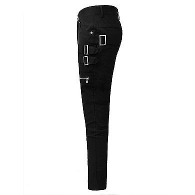 Men's Pant Slim Fit Pockets Patch Buckle Zipper Gothic Punk Rock Pants