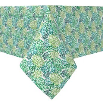 Square Tablecloth, 100% Cotton, 60x60", Stenciled Green Succulents