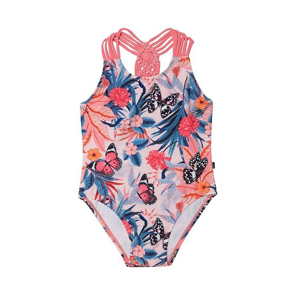 Printed One Piece Swimsuit Pink & Blue Butterflies
