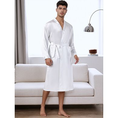 Men's Satin Robe Sleep Long Sleeve Lounge Sleepwear Pajama Bathrobe