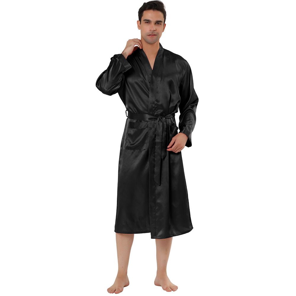 Men's Satin Robe Sleep Long Sleeve Lounge Sleepwear Pajama Bathrobe