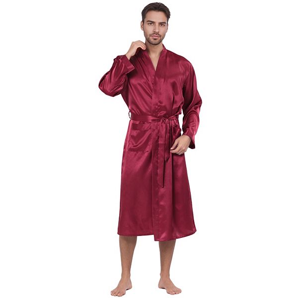 Men's Satin Robe Sleep Long Sleeve Lounge Sleepwear Pajama Bathrobe