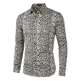 Men's Vintage Leopard Animal Print Button Down Long Sleeve Casual Shirt