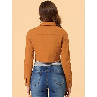Women's Long Sleeves Button up Frayed Hem Cropped Denim Jacket