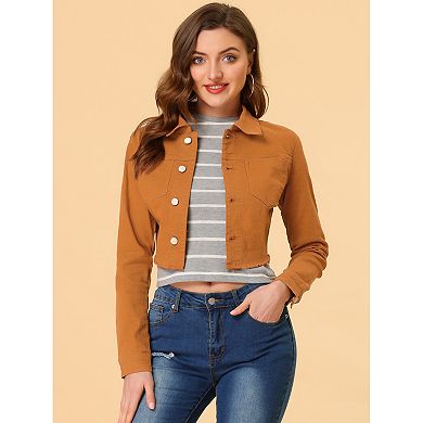 Women's Long Sleeves Button up Frayed Hem Cropped Denim Jacket
