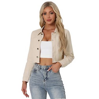 Women's Long Sleeves Button up Frayed Hem Cropped Denim Jacket