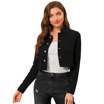Women's Long Sleeves Button up Frayed Hem Cropped Denim Jacket