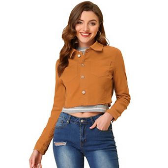 Women's Long Sleeves Button Up Frayed Hem Cropped Denim Jacket