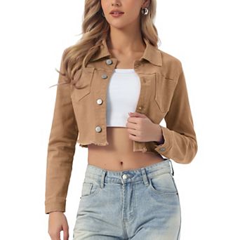 Women's Long Sleeves Button up Frayed Hem Cropped Denim Jacket