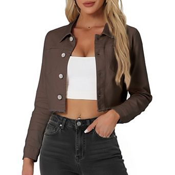 Women's Long Sleeves Button up Frayed Hem Cropped Denim Jacket