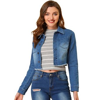 Women's Long Sleeves Button up Frayed Hem Cropped Denim Jacket