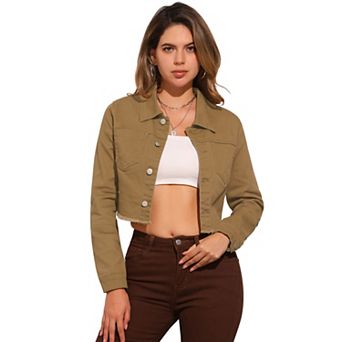 Women's Long Sleeves Button up Frayed Hem Cropped Denim Jacket