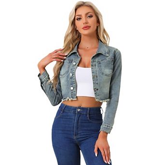 Women's Long Sleeves Button up Frayed Hem Cropped Denim Jacket