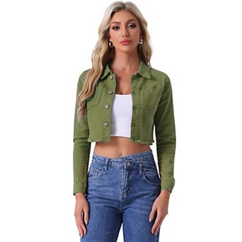 Women's Long Sleeves Button up Frayed Hem Cropped Denim Jacket