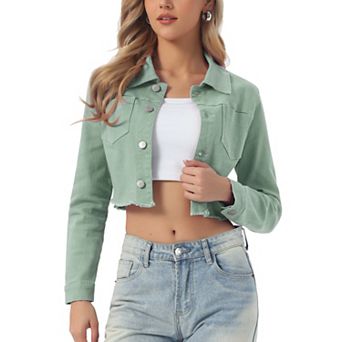 Women's Long Sleeves Button up Frayed Hem Cropped Denim Jacket