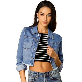 Women's Long Sleeves Button up Frayed Hem Cropped Denim Jacket