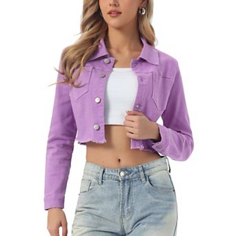 Women's Long Sleeves Button up Frayed Hem Cropped Denim Jacket