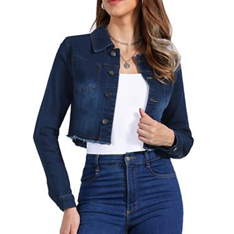 Women's Long Sleeves Button up Frayed Hem Cropped Denim Jacket