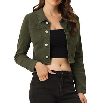 Women's Long Sleeves Button up Frayed Hem Cropped Denim Jacket