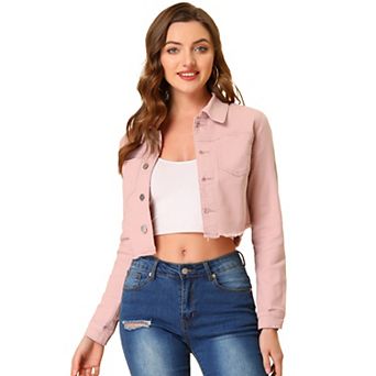 Women's Long Sleeves Button up Frayed Hem Cropped Denim Jacket
