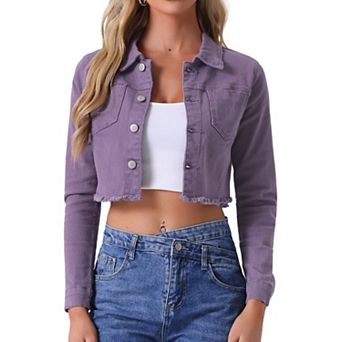Women's Long Sleeves Button up Frayed Hem Cropped Denim Jacket