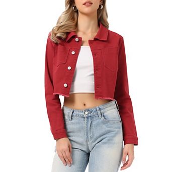 Women's Long Sleeves Button up Frayed Hem Cropped Denim Jacket