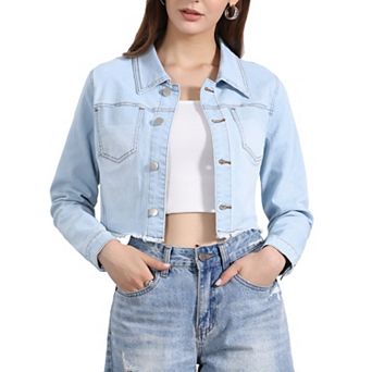 Women's Long Sleeves Button up Frayed Hem Cropped Denim Jacket