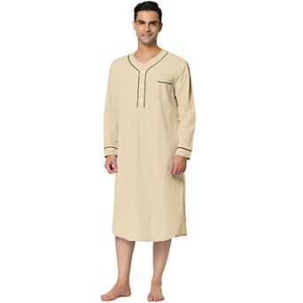 Men's Nightshirt Cotton Sleep Shirt Long Sleeve Nightgown Sleepwear