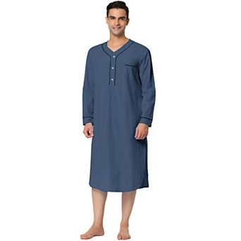 Men's Nightshirt Cotton Sleep Shirt Long Sleeve Nightgown Sleepwear