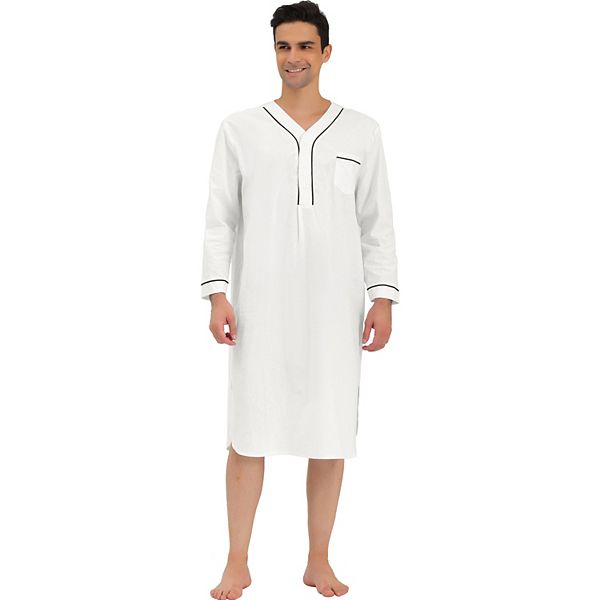 Men's Nightshirt Cotton Sleep Shirt Long Sleeve Nightgown Sleepwear